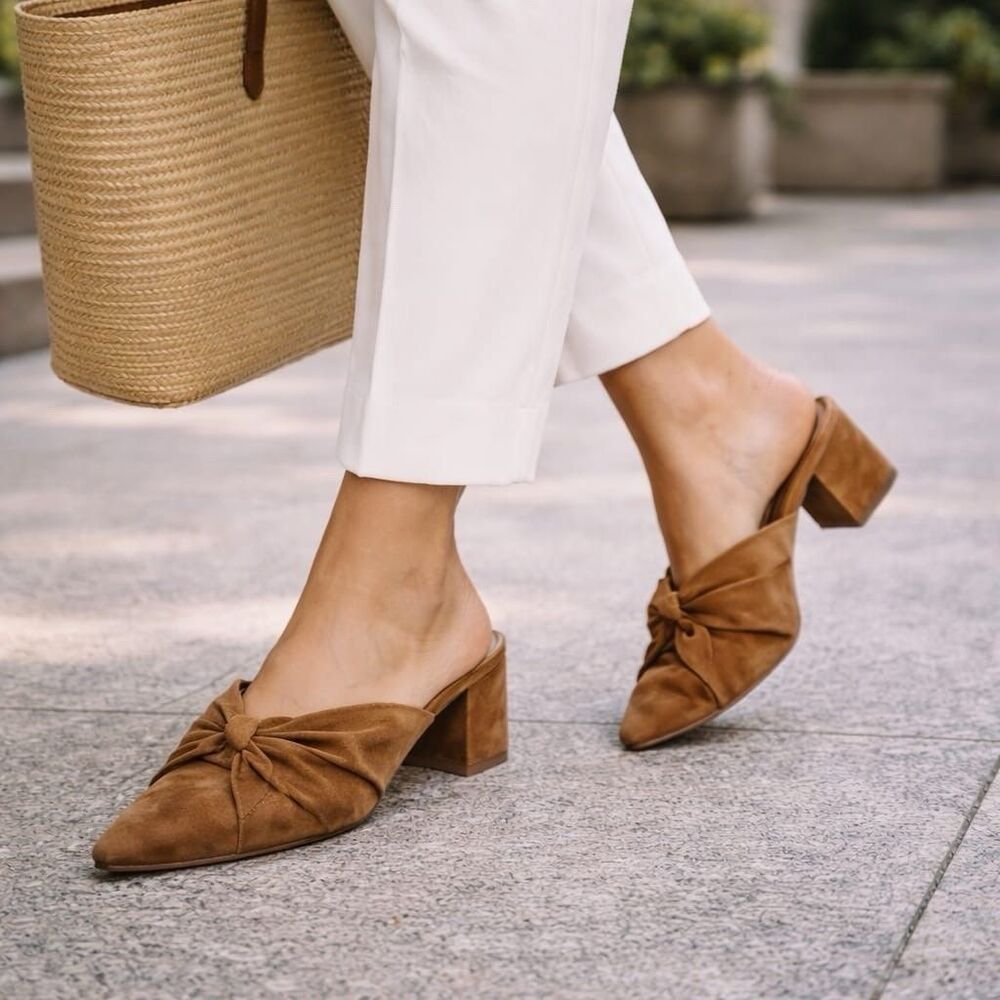 Splendid New Lanis GENUINE SUEDE LEATHER Mules 8.5 M Caramel Knot Heeled Pointed